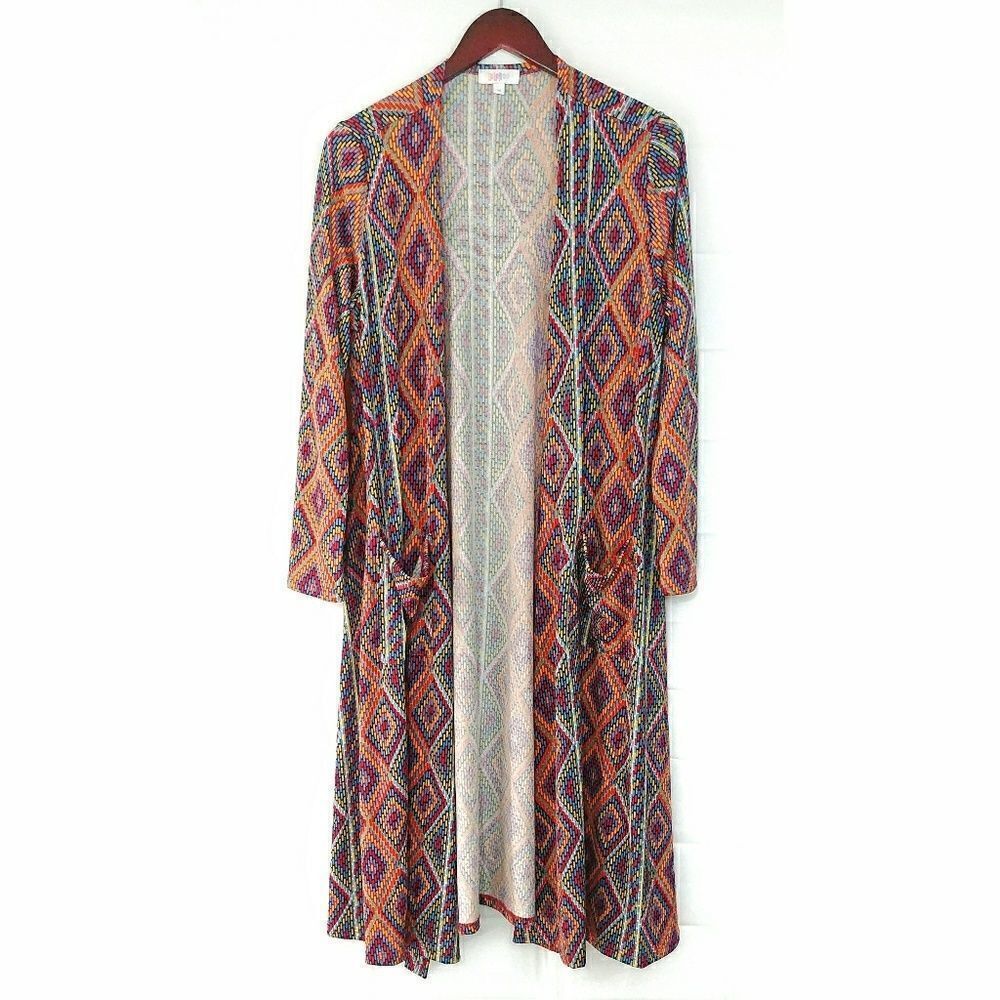 Lularoe Sarah Cardigan Duster Orange Blue Geometric Print